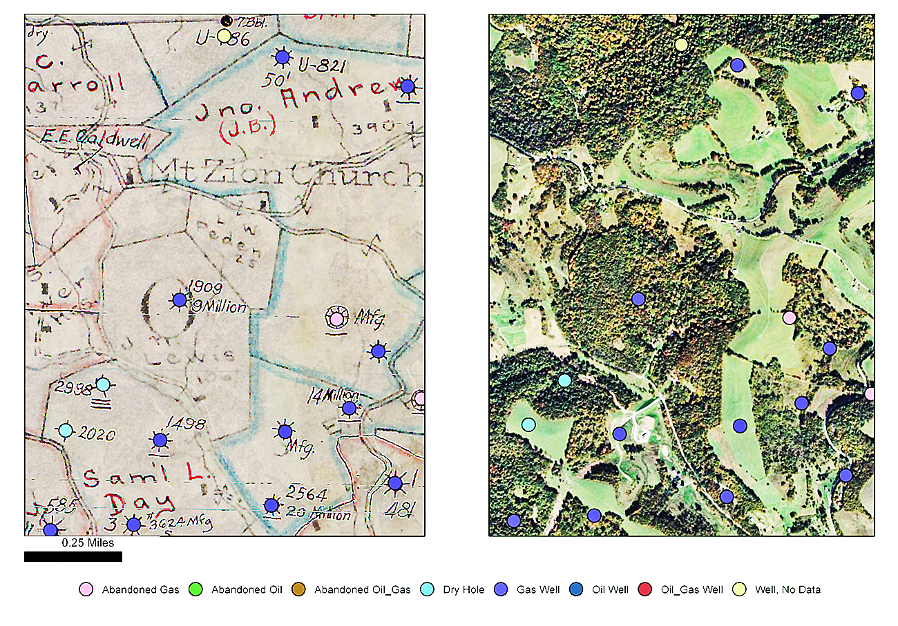 20140902hoWellmap The Department of Environmental Protection is creating a public online mapping tool by compiling and digitizing historical maps of legacy oil and gas wells, like the ones shown above in southwestern Pennsylvania. Well sites found on a scanned historical source map (left) are matched with a contemporary aerial photograph (right).