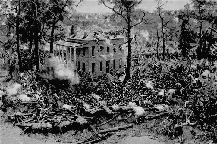 atlanta7 This is a section of one of the most ambitious paintings in history, "The Battle of Atlanta," a work by three German artists depicting one of the deciding battles of the Civil War, year unknown. 