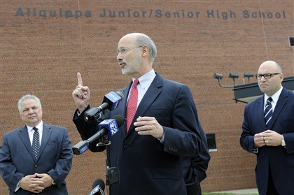 Tom Wolf in Aliquippa Democratic gubernatorial candidate Tom Wolf, joined by Aliquippa School District Superintendent David Wytiaz, Aliquippa Mayor Dwan Walker and state Rep. Rob Matzie, D-Beaver, speaks on education funding at Aliquippa High School this afternoon.