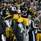  Steelers cornerback Antown Blake and Brice McCain celebrate an interception at Heinz Field Sunday night.