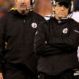 Keith Butler and Dick Lebeau watch from the sidelines during a game against the San Francisco 49ers at Candlestick Park on December 19, 2011 in San Francisco, California.  (Photo by Karl Walter/Getty Images)