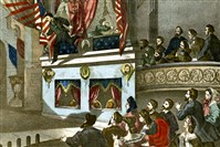  One of the images from the new Newseum exhibit "President Lincoln Is Dead: The New York Herald Reports the Assassination," marking the 150th anniversary of Lincoln's assassination by John Wilkes Booth. This lithograph illustrating the scene of Booth fleeing after shooting President Lincoln accurately shows Booth's foot caught in the draperies surrounding the theater box. Booth broke his leg in that fall. 
