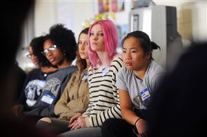  From left, Dayne Rouse, Olivia Rautio, Audrey Baldwin and Jordan Schultz-McArdle listen to other students discuss the definition of racism and the history of racial categorizations in the U.S. during a workshop at the Bethel AME Church in the Hill District. 