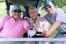  The Fan golf host Mike Dudurich, Arnold Palmer and Post-Gazette golf writer Gerry Dulac at Latrobe Country Club in August.