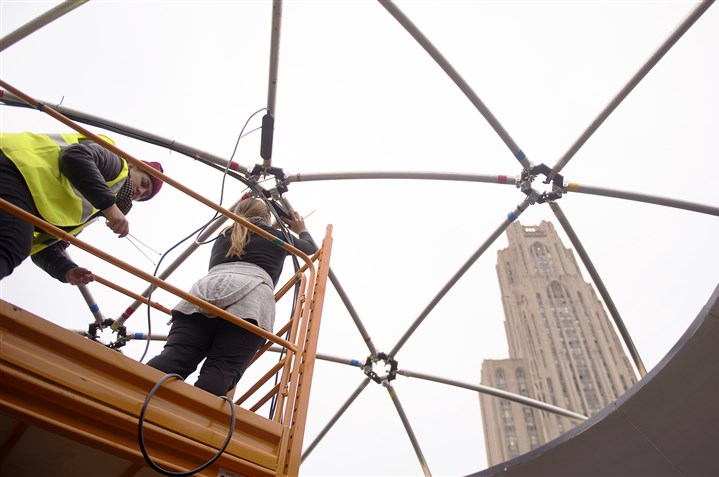 Refugee camp exhibition opens at Schenley Plaza