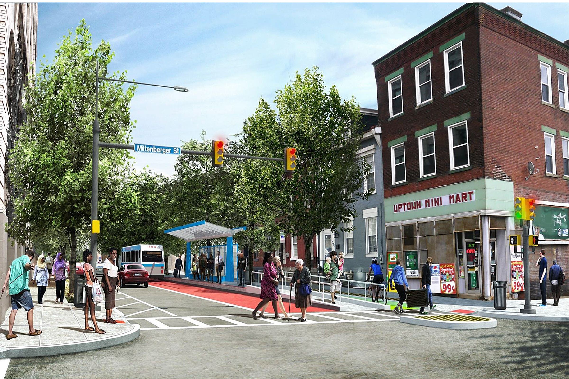 An artist's rendering showing how the planned Bus Rapid Transit system might run through Uptown.