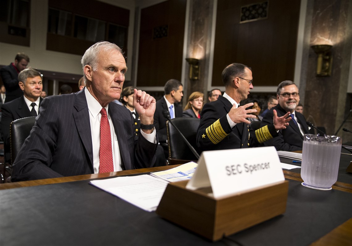 From left: Secretary of the Navy Richard Spencer, and Adm. John Richardson, chief of naval operations, during a Senate Armed Services committee hearing on Capitol Hill in Washington on Sept. 19, 2017.