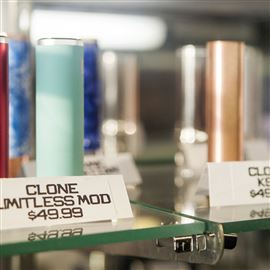 E-cigarettes sit on display at the Villian Vape Shop on Butler Street in Lawrenceville.