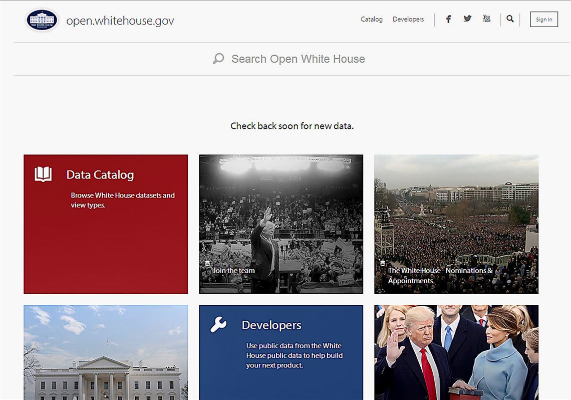 The homepage of the website Open.WhiteHouse.gov, as seen on Tuesday night.