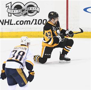Conor Sheary celebrates his Game 1 goal against the Predators in the Stanley Cup final in May.