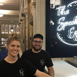 Jacqueline and Nate Schoedel stand by the bar of their restaurant, The Speckled Egg, located in the lobby of the Union Trust Building in Downtown Pittsburgh.
