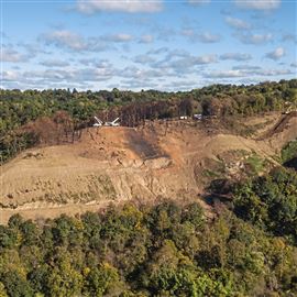 The site of a natural gas pipeline explosion seen here on Thursday, Oct. 18, 2018, in Center Township, Beaver County. The Revolution pipeline, 24-inch line owned by Energy Transfer Corp., exploded on Sept. 10, 2018 possibly caused by a landslide.  (Andrew Rush/Post-Gazette)   #IvyLane