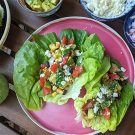 Chicken taco lettuce cups are a hand-held take on the popular Mexican 7-layer dip served at parties. 