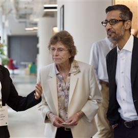 Avery Goazinger, left, a local student promoting mental health education, speaks to Maggie Johnson, global head and vice president of Google.org and Google CEO Sundar Pichai. Google's philanthropic arm announced Wednesday a $250,000 investment in AI education through Pennsylvania 4-H, as part of a larger push to promote AI learning nationwide.