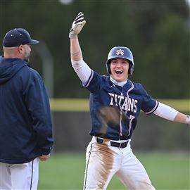 Shaler's Joe Rispoli celebrates a triple in a game against West Allegheny April 9. Shaler has clinched a WPIAL playoff spot in Class 5A. 